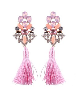 Gem Combined Hollow Flower with Cotton Threads Tassel Design Costume Earrings - Pink