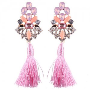 Gem Combined Hollow Flower with Cotton Threads Tassel Design Costume Earrings - Pink