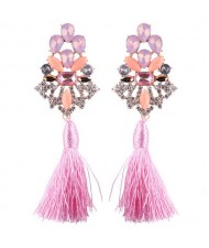 Gem Combined Hollow Flower with Cotton Threads Tassel Design Costume Earrings - Pink