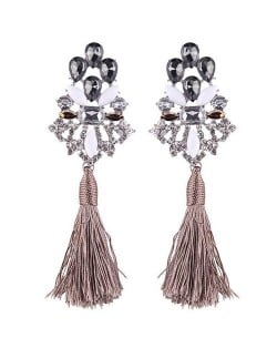 Gem Combined Hollow Flower with Cotton Threads Tassel Design Costume Earrings - Gray