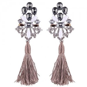Gem Combined Hollow Flower with Cotton Threads Tassel Design Costume Earrings - Gray