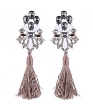 Gem Combined Hollow Flower with Cotton Threads Tassel Design Costume Earrings - Gray