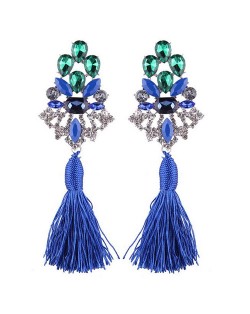 Gem Combined Hollow Flower with Cotton Threads Tassel Design Costume Earrings - Blue