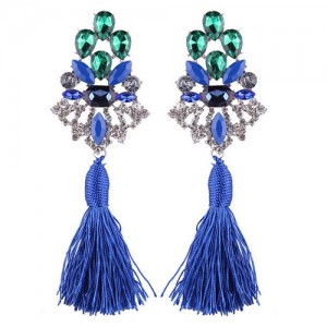 Gem Combined Hollow Flower with Cotton Threads Tassel Design Costume Earrings - Blue