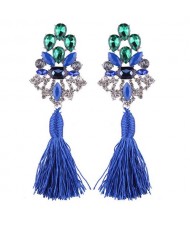 Gem Combined Hollow Flower with Cotton Threads Tassel Design Costume Earrings - Blue