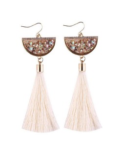 Rhinestone Decorated Half Round Seashell Cotton Threads Tassel Fashion Earrings - White