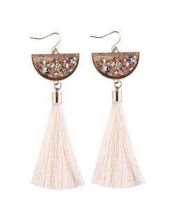 Rhinestone Decorated Half Round Seashell Cotton Threads Tassel Fashion Earrings - White