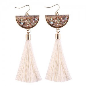 Rhinestone Decorated Half Round Seashell Cotton Threads Tassel Fashion Earrings - White