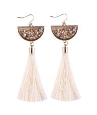 Rhinestone Decorated Half Round Seashell Cotton Threads Tassel Fashion Earrings - White