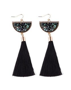 Rhinestone Decorated Half Round Seashell Cotton Threads Tassel Fashion Earrings - Black