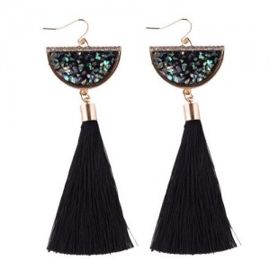 Rhinestone Decorated Half Round Seashell Cotton Threads Tassel Fashion Earrings - Black