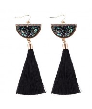 Rhinestone Decorated Half Round Seashell Cotton Threads Tassel Fashion Earrings - Black