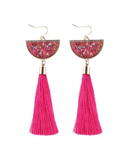 Rhinestone Decorated Half Round Seashell Cotton Threads Tassel Fashion Earrings - Rose