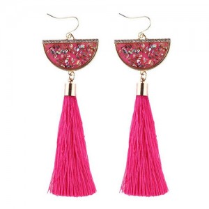 Rhinestone Decorated Half Round Seashell Cotton Threads Tassel Fashion Earrings - Rose