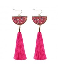 Rhinestone Decorated Half Round Seashell Cotton Threads Tassel Fashion Earrings - Rose