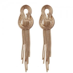 Vintage Chain Weaving Pattern Long Tassel Alloy Fashion Earrings - Golden