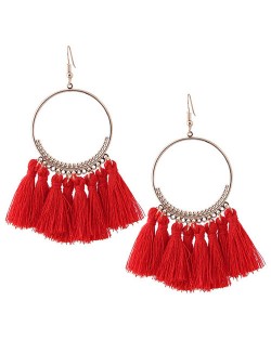 Alloy Hoop with Cotton Threads Tassels High Fashion Earrings - Red