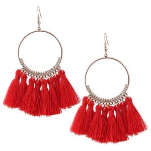 Alloy Hoop with Cotton Threads Tassels High Fashion Earrings - Red