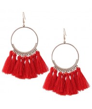 Alloy Hoop with Cotton Threads Tassels High Fashion Earrings - Red