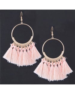 Alloy Hoop with Cotton Threads Tassels High Fashion Earrings - Pink