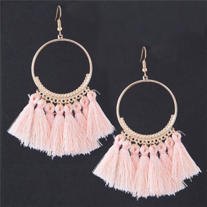 Alloy Hoop with Cotton Threads Tassels High Fashion Earrings - Pink