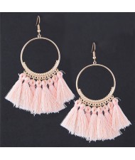 Alloy Hoop with Cotton Threads Tassels High Fashion Earrings - Pink
