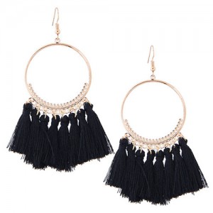 Alloy Hoop with Cotton Threads Tassels High Fashion Earrings - Black