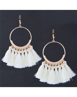 Alloy Hoop with Cotton Threads Tassels High Fashion Earrings - White
