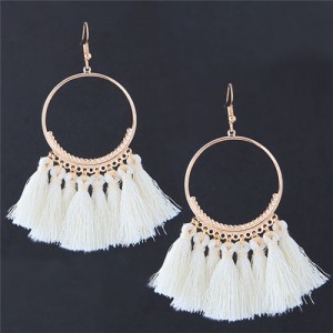 Alloy Hoop with Cotton Threads Tassels High Fashion Earrings - White