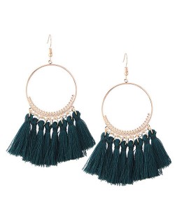 Alloy Hoop with Cotton Threads Tassels High Fashion Earrings - Ink Green