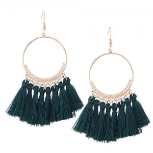 Alloy Hoop with Cotton Threads Tassels High Fashion Earrings - Ink Green