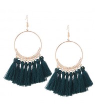 Alloy Hoop with Cotton Threads Tassels High Fashion Earrings - Ink Green