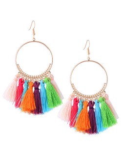 Alloy Hoop with Cotton Threads Tassels High Fashion Earrings - Multicolor