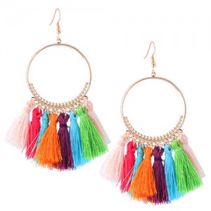 Alloy Hoop with Cotton Threads Tassels High Fashion Earrings - Multicolor