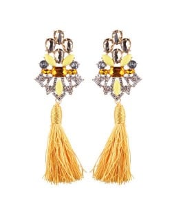Gem Combined Hollow Flower with Cotton Threads Tassel Design Costume Earrings - Yellow