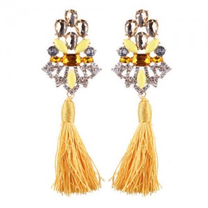 Gem Combined Hollow Flower with Cotton Threads Tassel Design Costume Earrings - Yellow