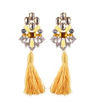 Gem Combined Hollow Flower with Cotton Threads Tassel Design Costume Earrings - Yellow