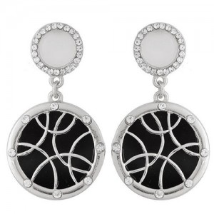 Rhinestone Embellished Cross-arcs Pattern Round Pendant Fashion Studs Earrings - Silver