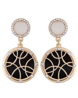 Rhinestone Embellished Cross-arcs Pattern Round Pendant Fashion Studs Earrings - Golden