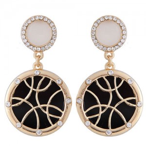 Rhinestone Embellished Cross-arcs Pattern Round Pendant Fashion Studs Earrings - Golden