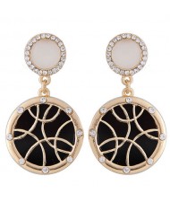 Rhinestone Embellished Cross-arcs Pattern Round Pendant Fashion Studs Earrings - Golden