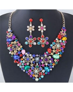 Rhinestone Inlaid Hollow Flowers Cluster Fashion Necklace and Earrings Set - Multicolor