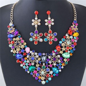 Rhinestone Inlaid Hollow Flowers Cluster Fashion Necklace and Earrings Set - Multicolor