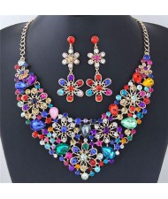 Rhinestone Inlaid Hollow Flowers Cluster Fashion Necklace and Earrings Set - Multicolor