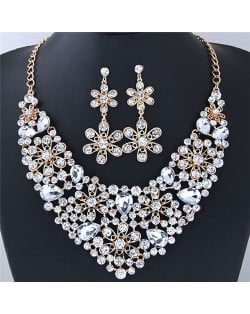 Rhinestone Inlaid Hollow Flowers Cluster Fashion Necklace and Earrings Set - White