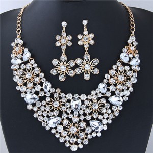 Rhinestone Inlaid Hollow Flowers Cluster Fashion Necklace and Earrings Set - White