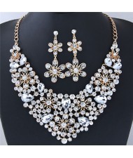 Rhinestone Inlaid Hollow Flowers Cluster Fashion Necklace and Earrings Set - White