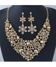 Rhinestone Inlaid Hollow Flowers Cluster Fashion Necklace and Earrings Set - Golden