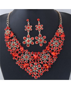 Rhinestone Inlaid Hollow Flowers Cluster Fashion Necklace and Earrings Set - Red