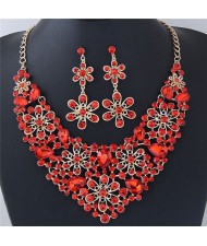 Rhinestone Inlaid Hollow Flowers Cluster Fashion Necklace and Earrings Set - Red